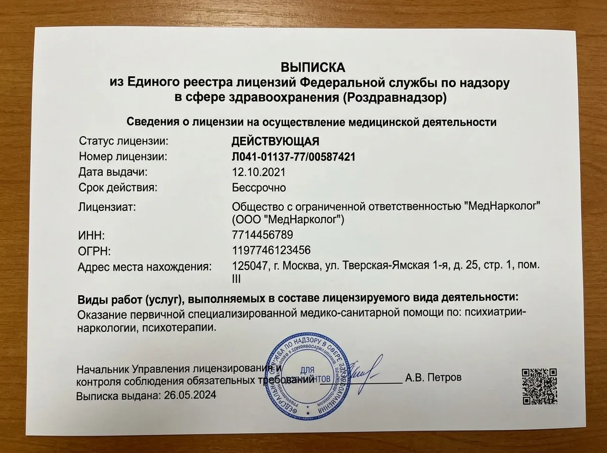 Выписка из реестра лицензий Росздравнадзора — подтверждение действующей медицинской лицензии ООО МедНарколог